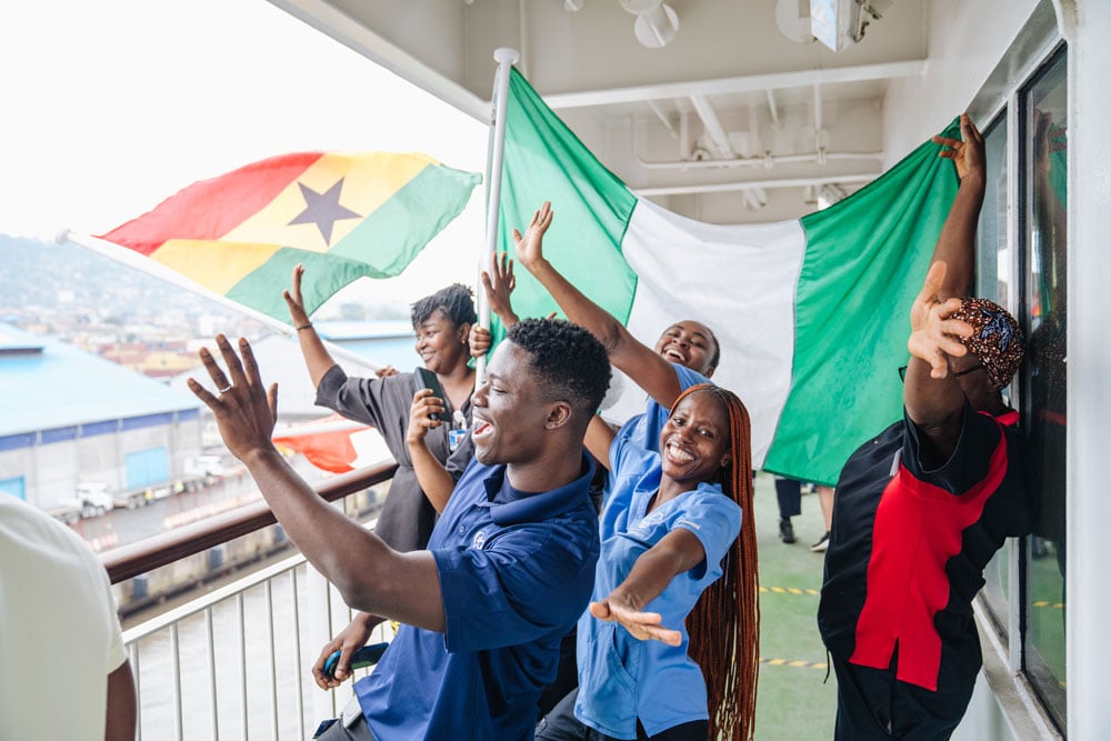 After three years of serving the people of Sierra Leone, the Global Mercy has dropped anchor along Ghana's coast.